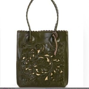 NWT Patricia Nash Olive Green Tooled Leather Gold Floral Cutout Tote Bag